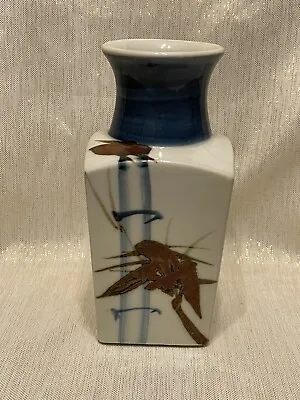 Vintage Asian Art  Pottery  Ceramic Glazed Bamboo Style Vase Blue / White/Brown • $14.99