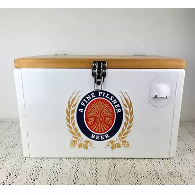 Miller Lite Pilsner White & Wood Top Beverage Beer Portable Cooler Bottle Opener • $149.99