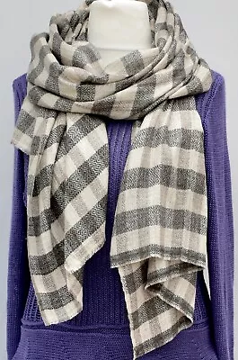 WOMEN'S MEN'S CHARCOAL/BEIGE TARTAN CASHMERE HAND MADE LARGE SCARF 216 X 68cm • £49