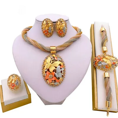 Women African Jewelry Set Necklace Ring Earring Gold Wedding Crystal Plated US • $15.55