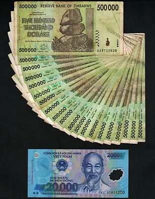 20 X 500000 Zimbabwe Dollars + 20000 Vietnam Dong Authentic + Certificate COA • $25.99