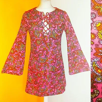 Lace Up Vintage 1960s 60s Mod Psychedelic Dress Sz 10 • £4.99