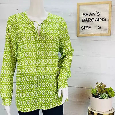 £28.14 • Buy Chicos Womens Graphic Ikat Peasant Tunic Top Green White Tie Neck Size 0 | S