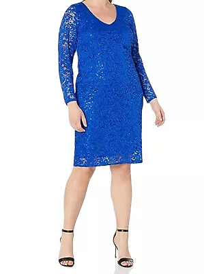 Marina Sheath Dress Size 12 Blue Full Lace Sequin Knee Length Lined Stretch • $27