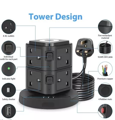 Extension Lead Power Strip Tower 8 Way Surge Protection Power Strip With 3 USB • £19.99