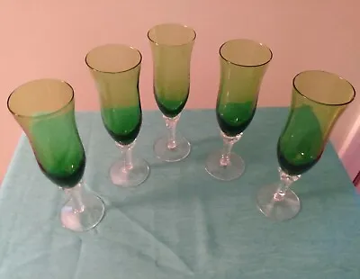 $25 • Buy Set Of 5 Vintage Emerald Green Parfait / Wine Glasses With Clear-Swirled Stem  