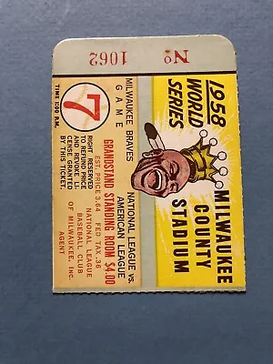 1958 Milwaukee Braves World Series Ticket Stub Game 7 Near Mint To Mint! • $90