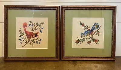 Vintage Needlepoint Picture Art Framed Set Of Two Birds MCM Cottage • $39.99