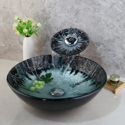 £149.98 • Buy Art Bathroom Tempered Glass Vessel Sink Basin Bowl With Mixer Taps Drain Combo