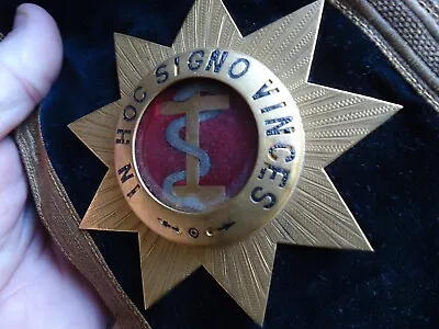 $60 • Buy Antique C. 1860s Knights Templar Sash IN HOC SIGNO VINCES Medallion Under Glass