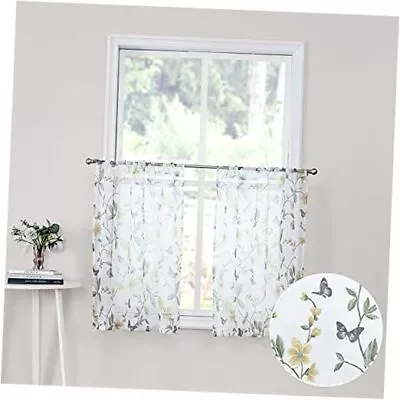  Short Sheer Floral Tier Curtains Flower Butterfly Printed 30 W X 24 L Yellow • $21.31