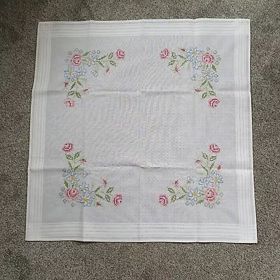 £20 • Buy Hand Cross Stitched Tablecloth 31  Square White With Pink Flowers