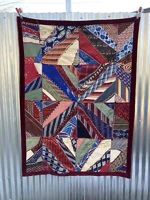 Vintage Heavy Crazy Quilt W Neck Ties Satin Silk 62x46  Patchwork Embroidery • $55