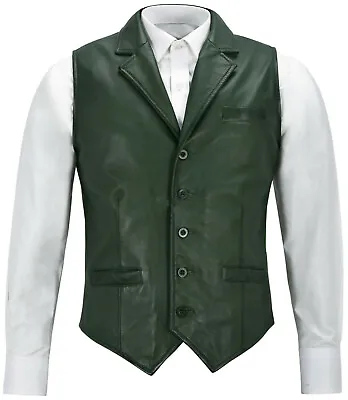 Men's Dark Green Lambskin Leather Waistcoat Western Style Cowboy Gilet Vest Coat • $124.99