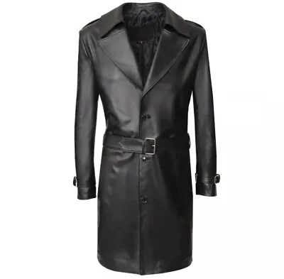 Men's Leather Long Coat Trench Coat Genuine Lambskin Leather Full Length Jacket • $165