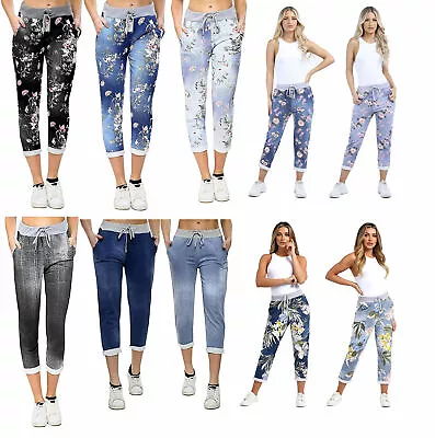 Ladies Italian Floral Print Joggers Cotton Trousers Leggings Magic Pants Jeans • £10.99