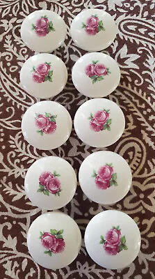 10 Vintage Porcelain Drawer Knobs - White With Pink Roses • $15