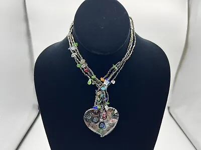 Murano Style Art Glass Pendant Seed Bead Necklace With Polished Glass Beads • $11.25