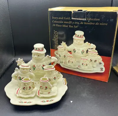 Tea Set Formalities Baum Brothers Christmas Snowman Mini 10pc Porcelain Gold Trm • $21
