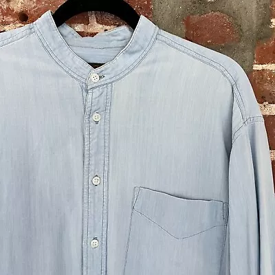 Vintage Chambray Denim Men's Grandad Band Collar Collarless Shirt XLT • $34.99