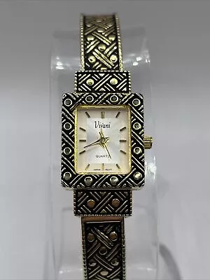 Vivani Women's Watch Gold Tone Square Bezel Textured Hinged Bangle- New Battery • $6.50