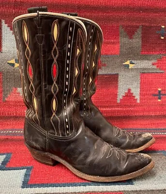 ACME 1940s / 50s Vintage Black Leather Fancy Inlay Cowboy Western Boots Mens 8D • $600