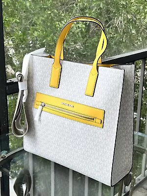 Michael Kors Kenly Large Tote White Bag Handbag Purse Shoulder Citrus Yellow MK • $98.95