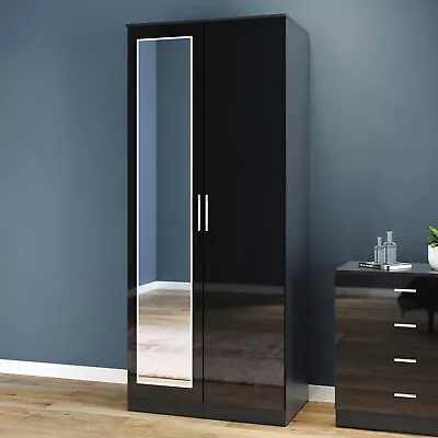 High Gloss Black 2 Doors Wardrobe Bedroom Storage Furniture With Hanging Rail • £146.98