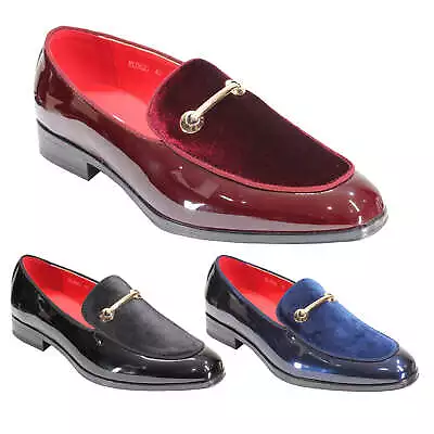 Men's Patent Leather & Velvet Upper Party Loafer Gold Buckle Dress Wedding Shoes • £39.99