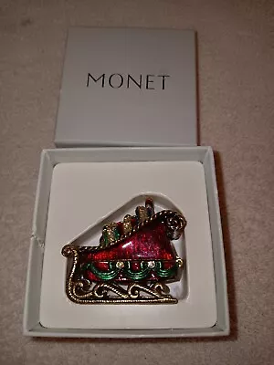 Monet Enamel & Rhinestone Hinged Magnetic SANTA'S SLEIGH TRINKET BOX 2009 • $29.99