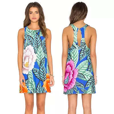 MARA HOFFMAN L Blue Multi Floral Keyhole Racerback Swing Tank Dress NWT • $268