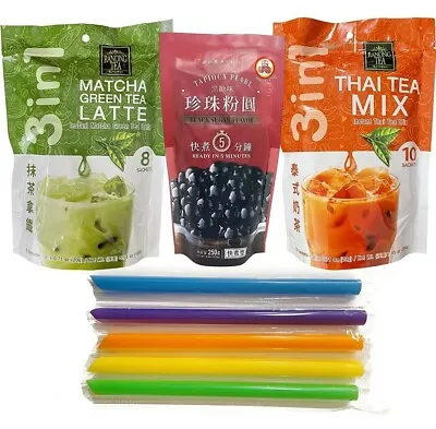 Ranong Instant Thai Milk Tea Mix & Matcha Green Tea Latte Combo W Boba Pearls  • $19.99