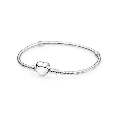 Women 925 Sterling Silver Snake Chain Bracelet Love Heart Clasp Beads Bracelet • £3.95