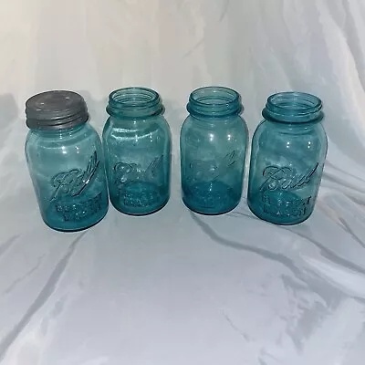 Lot Of 4 Vintage Quart Blue Ball Perfect Mason Canning Jars Lid  1 2 7 12 • $29.99