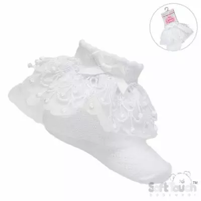 Baby Girls Frilly Lace Bow Ankle Socks White Pink Bell Lace Soft Touch 0-24 Mths • £3.99