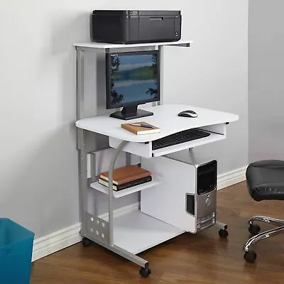 White Mobile Computer Tower Desk Printer Shelf Laptop Table Top Home Office Cart • $106.90