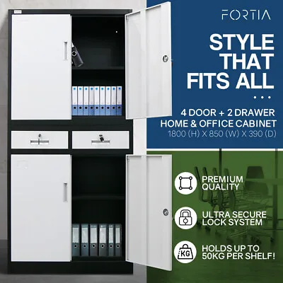 FORTIA Stationery Cabinet Office Lockable Metal Storage Cupboard 4 Door Drawers • $253