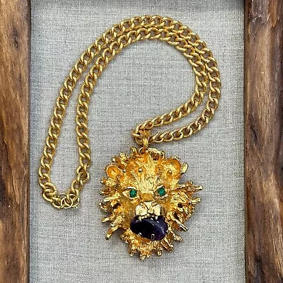 Vintage Gold Tone Lion Head Pendant Statement Necklace Amethyst Rhinestones 12  • $65