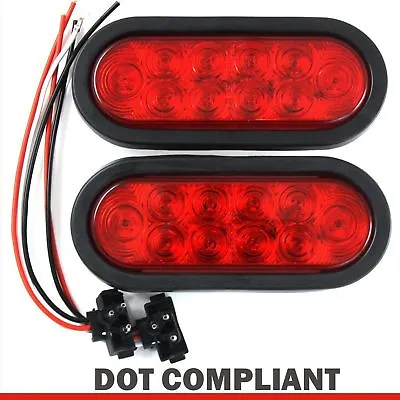 2 Red 6  Oval Trailer Lights 10 LED Stop Turn Tail Truck Sealed Grommet Plug DOT • $14.99