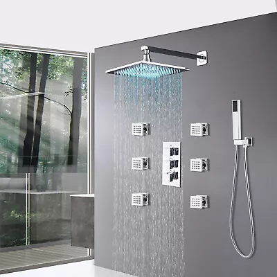 Shower Faucet Set LED Rain Head Combo Thermostatic Mixer Valve With Massage Jets • $179