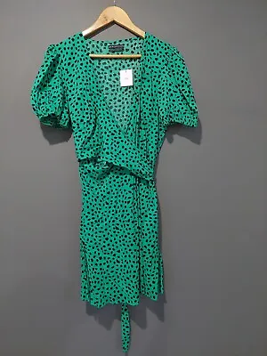 $19.90 • Buy Urban Outfitters Green Mini Wrap Dress - Size L Puff Sleeves 