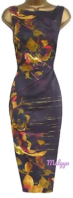 Karen Millen ✩ Stunning Autumn Floral Satin Pencil Wiggle Cocktail Dress ✩ Uk 10 • £79.99