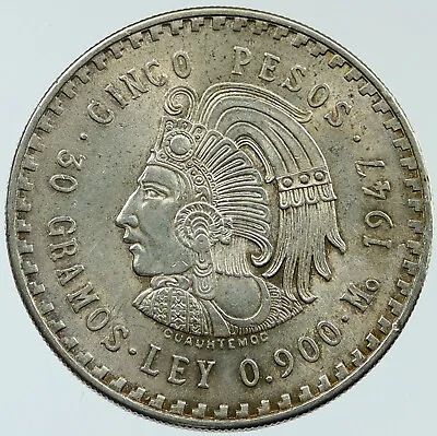 1947 MEXICO Aztec EMPEROR CUAUHTEMOC Eagle BIG 0.86oz Silver 5 Peso Coin I117640 • $268.65