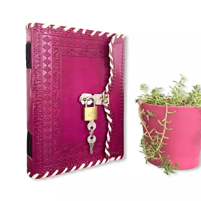 $44 • Buy A5 PINK Lock N Key Leather Journal | 240 Lined Pages | Brass Lock