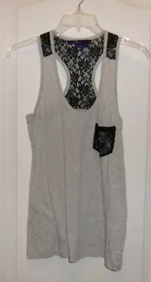 Miley Cyrus Gray Black Lace Racer Back Knit Top Size L • $11.99