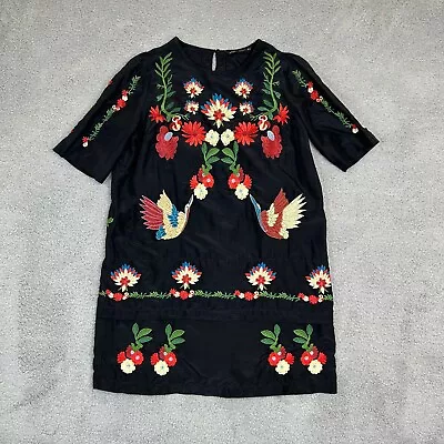 Zara Dress Women Small Black Floral Embroidered Crane Bird Short Sleeves Mini • $37.89