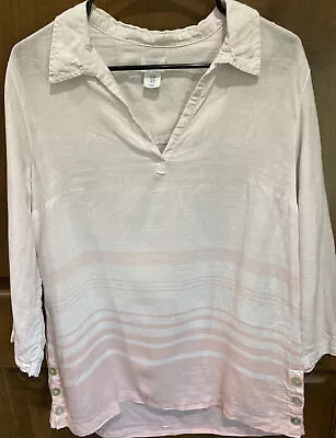 Sigrid Olsen Pink/White Linen V-Neck Collared Shirt Tunic Women’s M. Preowned. • $21.99