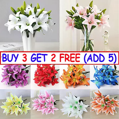 Artificial Lily Silk Fake Flowers Bouquet Bridal Bunch Wedding Party Home Decor • £6.39