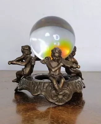 Lead Crystal Ball Vintage Orb On Brass Stand Cherub Sitting Playing Violin • $200