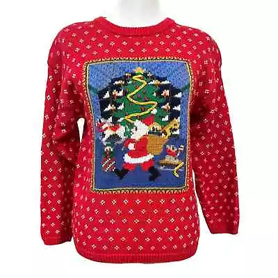 Vintage 80s Ashley Christmas Sweater Women’s S Hand Embroidered Red Santa  • $33.29